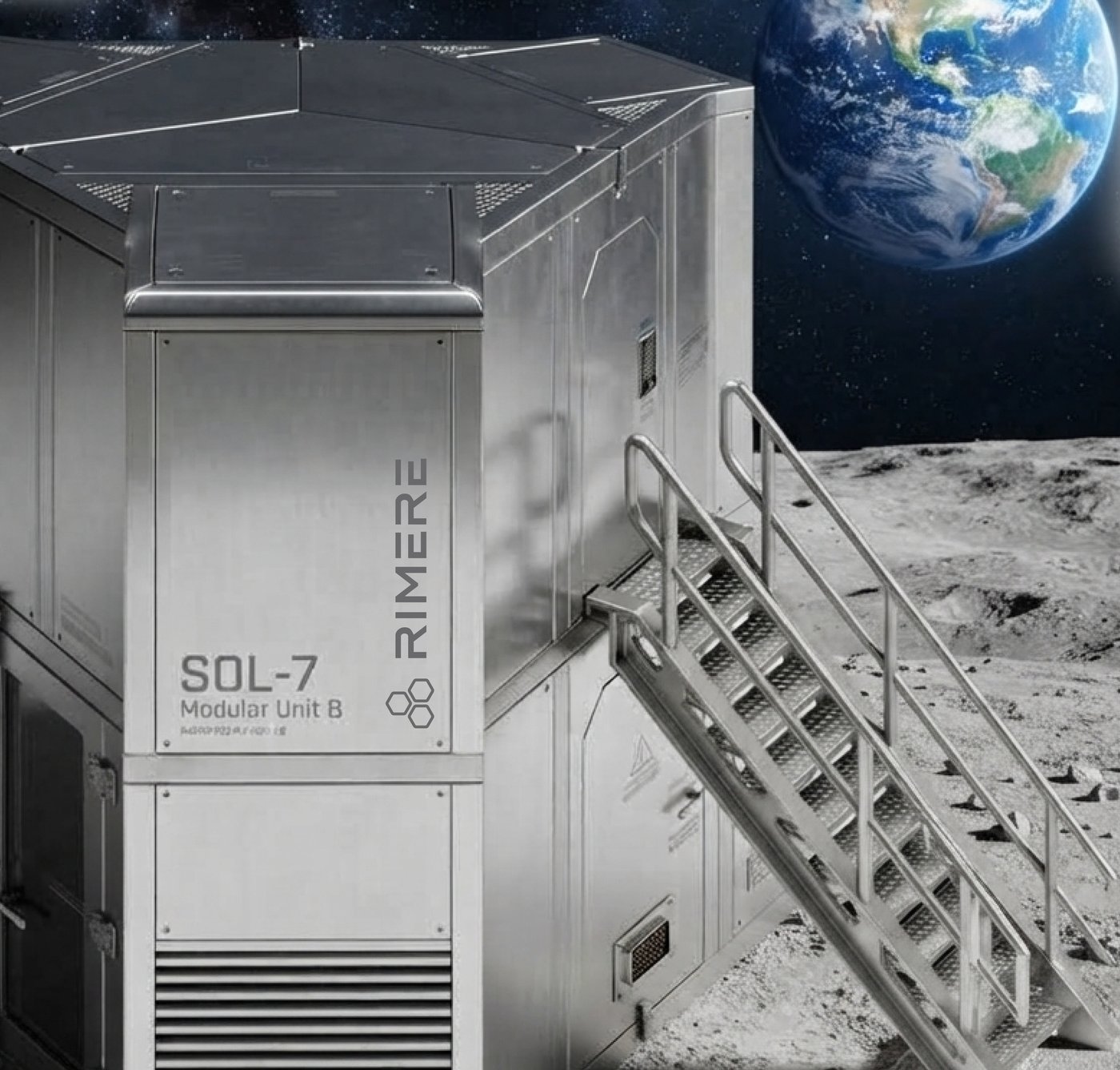 Concept render: an autonomous Rimere Sol modular unit on the lunar surface, Earth rising beyond